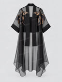 Sheer Embroidered Kimono Wide Leg Pants Three Piece Set