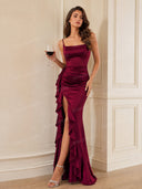 Elegant Satin Ruched Ruffle Slit Maxi Dress