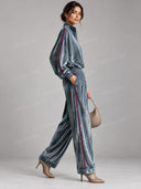 Casual Contrast Trim Velvet Zip Top & Pants Two Piece Set