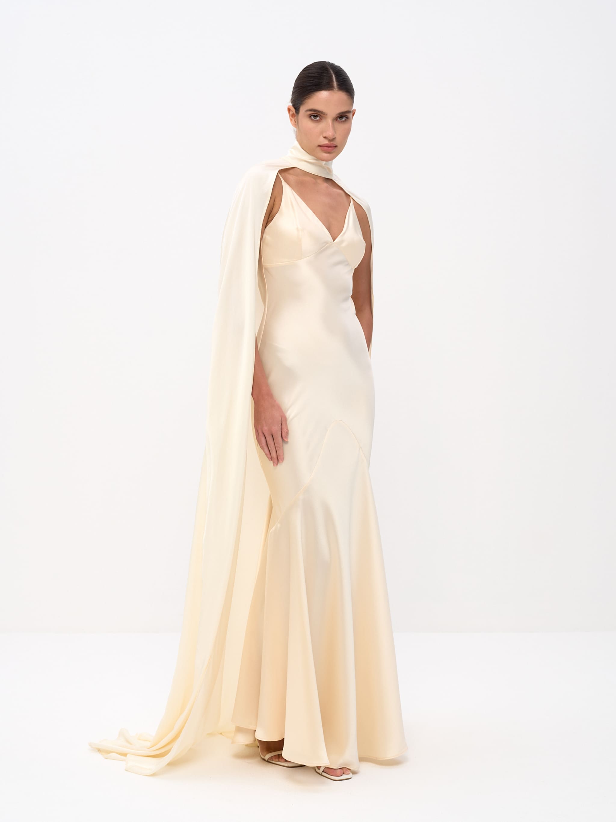 Elegant Satin Cape Sleeve Maxi Dress