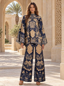 Retro Baroque Print High Neck Batwing Sleeve Two-Piece Set