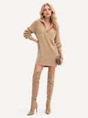 Casual Half-Zip Pocket Knit Sweater Mini Dress