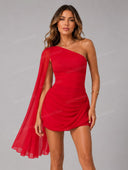Sexy One-Shoulder Draped Cape Bodycon Mini Dress