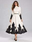 Elegant Contrast Lace Applique Mock Neck Midi Dress