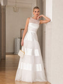 Elegant Sleeveless Layered Tulle Satin Pleated Maxi Dress