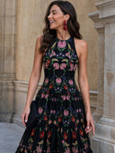 Elegant Backless Printed Layered Chiffon Flowing Maxi Dress