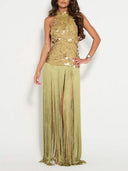 Elegant Sequin Backless Sleeveless Fringe Maxi Dress