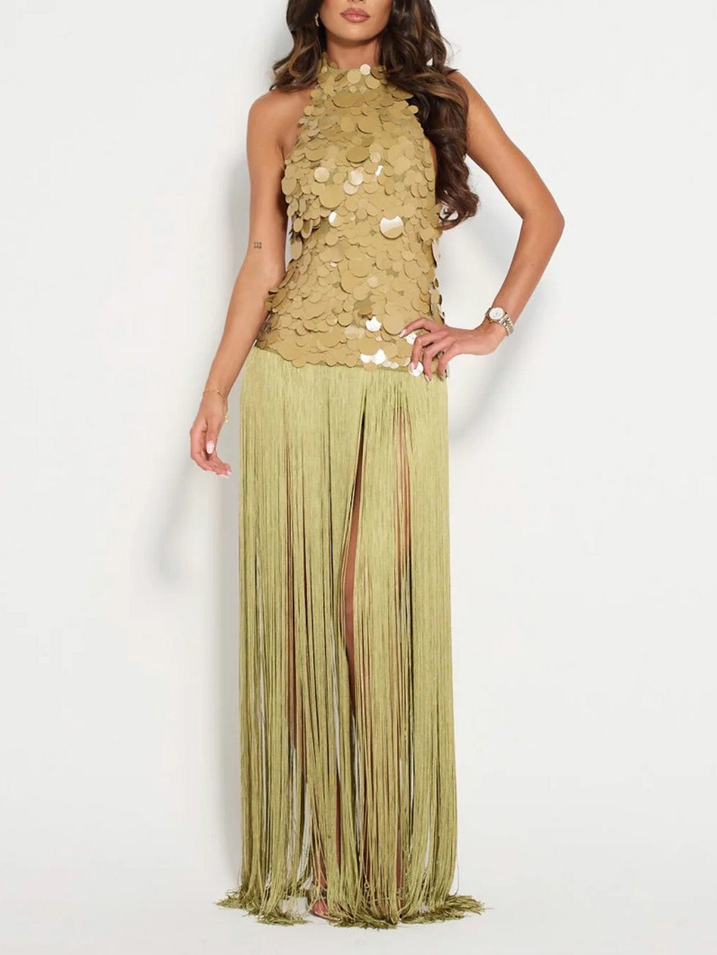 Elegant Sequin Backless Sleeveless Fringe Maxi Dress