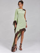 Elegant Asymmetric Lace Trim One Shoulder Maxi Dress