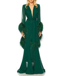 Elegant V-Neck Feather Cuff Flowing Chiffon Maxi Dress
