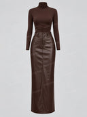 Mock Neck Bodysuit and Faux Leather Maxi Skirt Two Piece Set