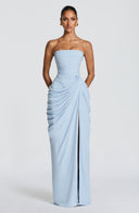 Strapless Pleated Slit Maxi Dress