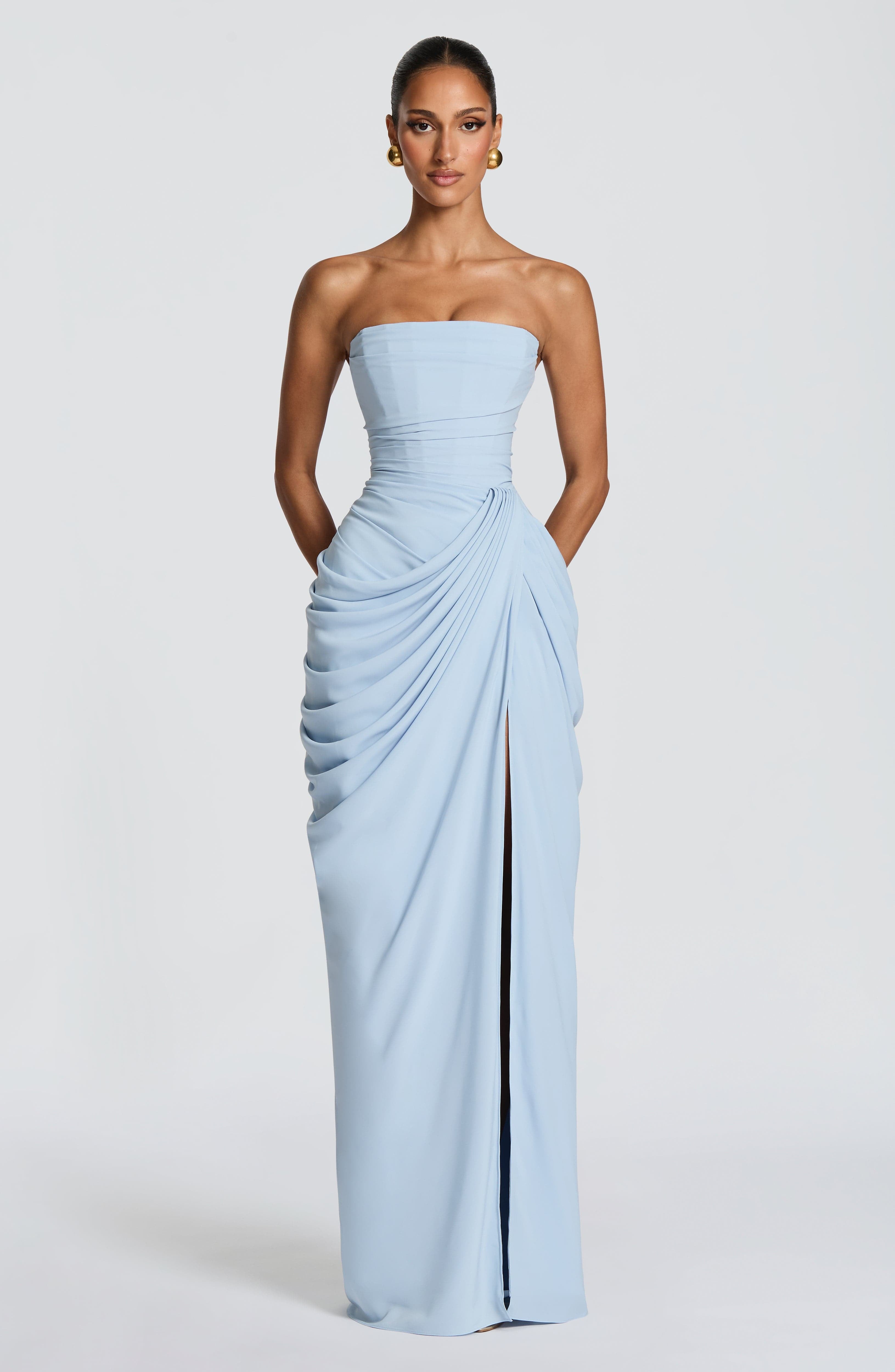 Strapless Pleated Slit Maxi Dress