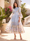 Retro Garden Print Flared Sleeve Midi Dress