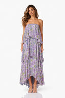 Romantic Floral Strapless High-Low Ruffle Maxi Dress