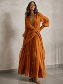 Exquisite Embellished Wrap-Waist Lace-Hem Maxi Dress