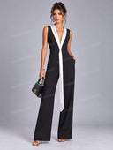 Contrast Lapel Sleeveless Wide Leg Jumpsuit