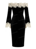 Elegant Lace Trim Off Shoulder Velvet Midi Dress