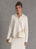 Lace Panel Zip Collar Sweater & Skirt Two Piece Set