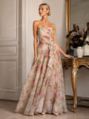 Elegant Strapless Floral Print Chiffon Maxi Dress