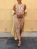 Retro Tile Print Sleeveless Maxi Dress Two Piece Set