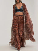 sexy Leopard Print Sheer Kimono & Wide Leg Pants Two Piece Set