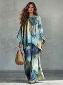 Exquisite Tie-Dye Print Batwing Sleeve Shirt & Pants Two-Piece Set