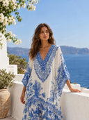 Refined Porcelain Print V-Neck Kaftan Maxi Dress