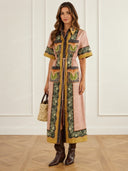 Retro Scarf Print Belted Shirt Maxi Dress
