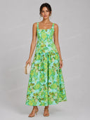 Elegant Floral Square Neck Top & Maxi Skirt Two Piece Set