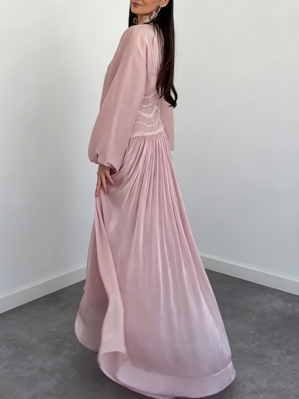 Elegant Pleated Waist Long Sleeve Satin Maxi Dress
