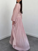 Elegant Pleated Waist Long Sleeve Satin Maxi Dress