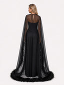 Elegant Feather Trim Chiffon Shawl Black Satin Maxi Dress