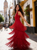 Elegant Deep V-Neck Tiered Fringe Sleeveless Maxi Dress