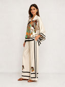 Elegant Horse Print Satin Kimono Top & Pants Two-Piece Set