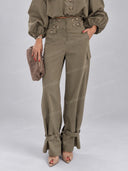 Button-Up Cropped Jacket & High-Waist Cargo Pants Set