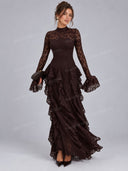 Elegant High Neck Lace Ruffle Maxi Dress