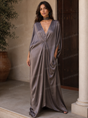 Elegant Deep V-Neck Draped Satin Kaftan Maxi Dress