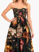 Exquisite Strapless Lace-Trimmed Printed Pleated Midi Dress