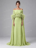 Elegant Feather Trim Off Shoulder Cape Maxi Dress
