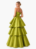 Elegant Strapless Tiered Ruffle Satin Maxi Dress