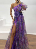 Elegant Floral Print Ruched One-Shoulder Sheer Maxi Dress
