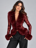 Sexy Faux Fur Trim Lace Long Sleeve Jacket