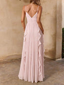 Elegant Spaghetti-Strap Ruffled Pleated Chiffon Maxi Dress