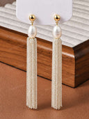 Pearl Rhinestone Tassel Drop Earrings
