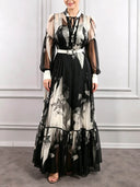 Elegant Abstract Floral Print Sheer Chiffon Maxi Dress