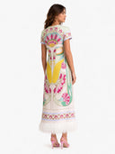 Art Nouveau Floral Feather Hem Midi Dress