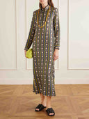 Retro Geometric Stripe Print Button-Front Maxi Shirt Dress