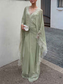 Elegant Lace-Trim Cape Sleeve Ruched Maxi Dress