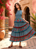 Pleated Deign Printed Maxi Dress